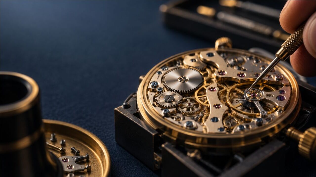 A Swiss watchmaker fine-tuning a mechanical watch movement
